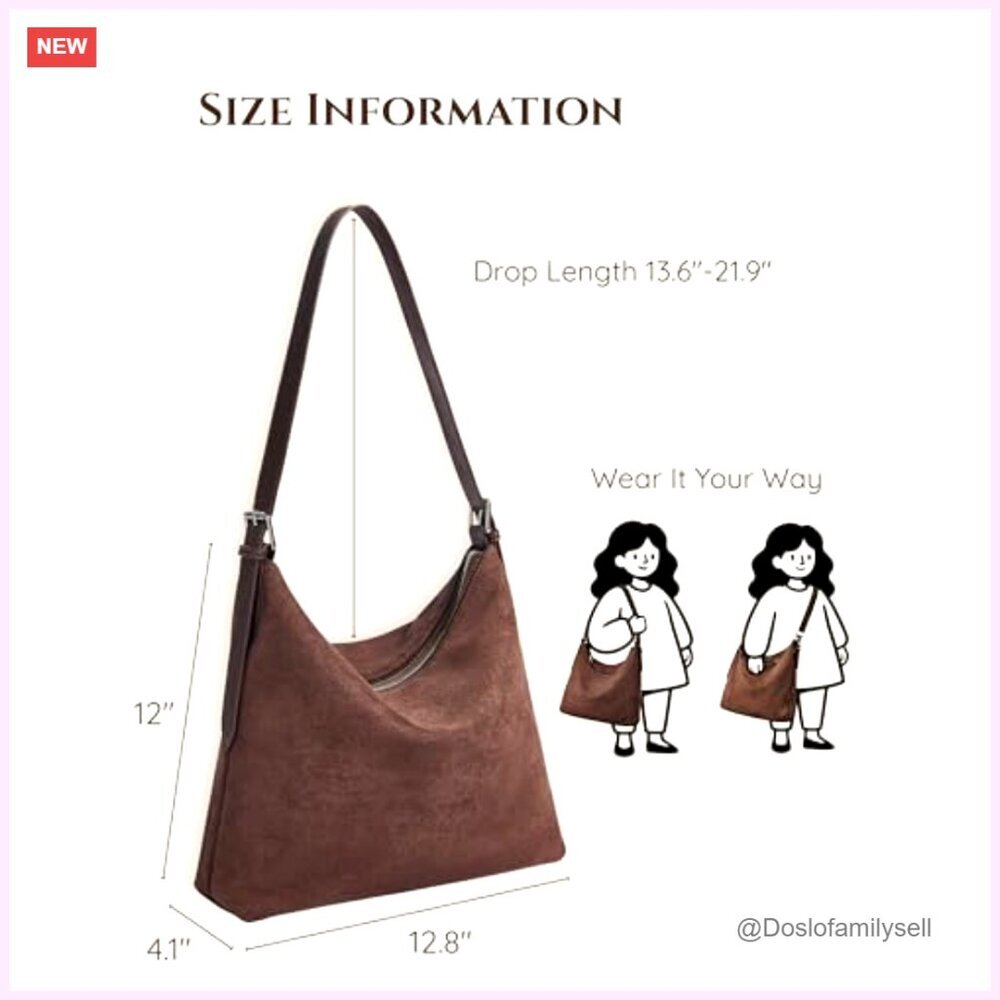 Suede Shoulder Bag Slouchy Hobo Tote Adjustable Strap Minimalist Vintage Office - Picture 4 of 7
